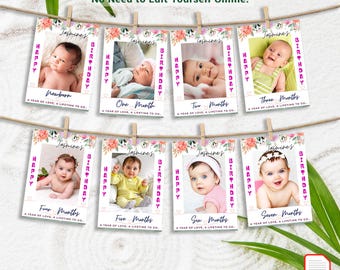 May include: A custom 12-month photo banner with eight baby photos, each labelled with a month and the name "Jasmine." The banner includes the text "Happy Birthday" and "A year of love, a lifetime to go." The banner is suspended by wooden pegs.