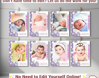 Pode incluir: Um banner fotográfico personalizado de 12 meses com fotos de bebês, cada uma emoldurada em roxo com detalhes florais. O banner inclui o texto "Jasmine's Birthday" e os meses 1-7, com o texto "A year of love, a lifetime to go."