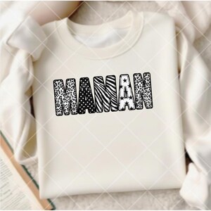 Clipart of uppercase MOM in black and white, faux patchwork letters with polka dots, stars, zebra, and leopard print, PNG, print on demand, digital creations