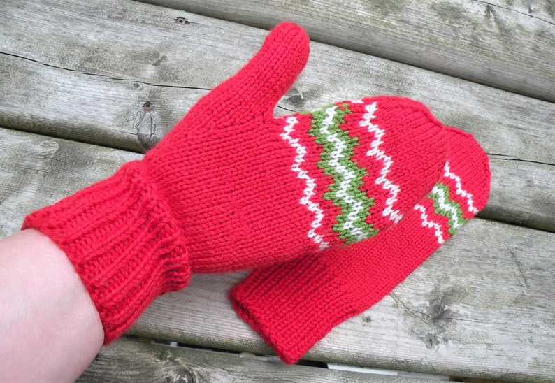 Hand Knit Merino Wool Mittens: Red, Green, and White - Women's Medium ...