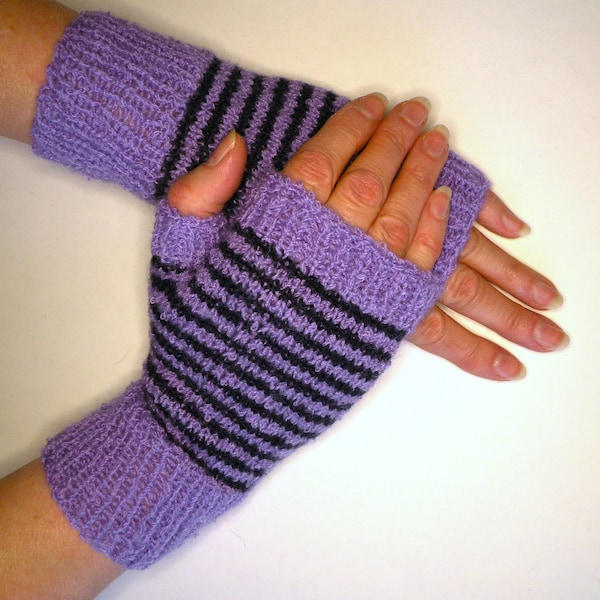 Merino Wool Knit Fingerless Gloves: Lavender & Navy Hand Warmers