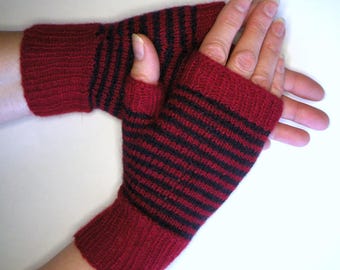 Hand Knit Angora Wool Fingerless Gloves: Red & Navy Warmers