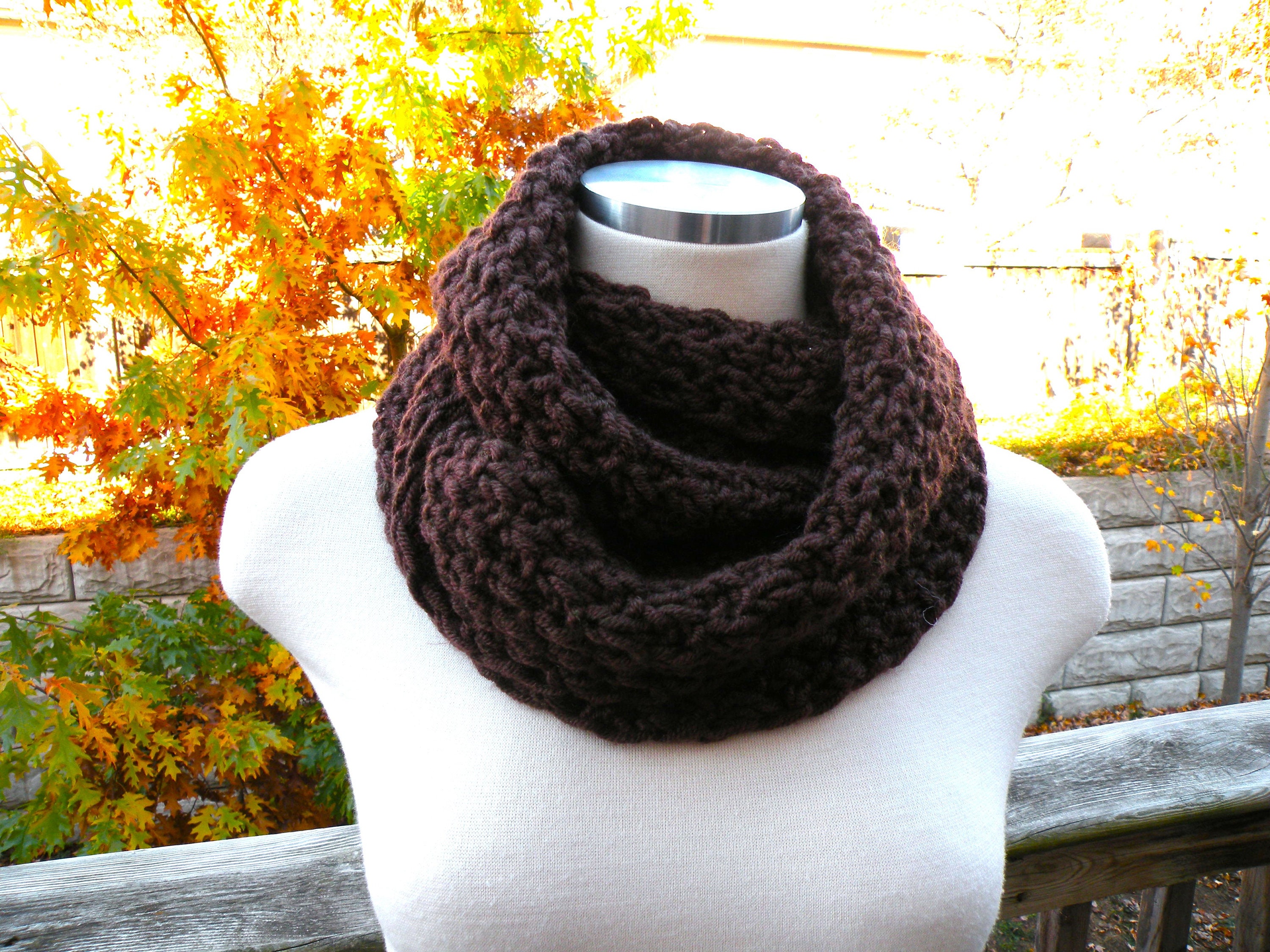 Hand Knit Chunky Wool Blend Infinity Scarf - Coffee Brown Cowl - Etsy