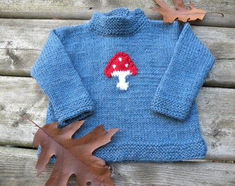 Mushroom Knit Sweater Hand knit  Baby Sweater Blue Wool Sweater Knit Cardigan