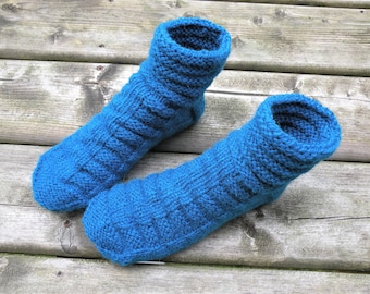 Chunky Wool Blend Turquoise Cozy Slippers Hand Knitted Short Socks Womens House Winter Wool Slippers Socks, Gift for Her