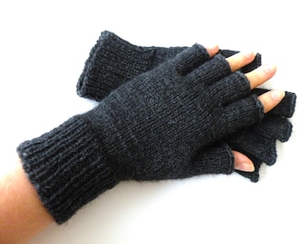 Hand Knit Merino Wool Nylon Half Finger Gloves: Black Hand Wrist Warmers
