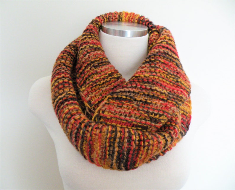 Hand Knit Chunky Wool Infinity Scarf: Red Brown Yellow Cowl - Etsy