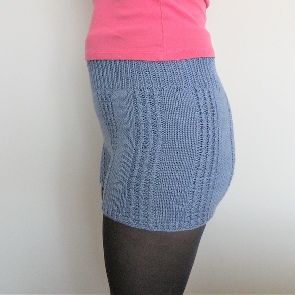 Hand Knit Merino Wool Sleep Shorts: Blue High Waisted Boxer Shorts