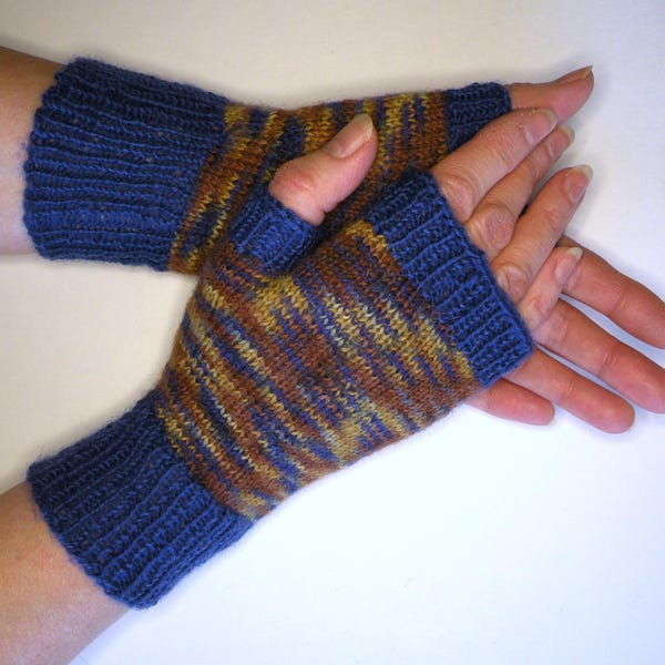 Merino Wool Knit Fingerless Gloves: Blue Brown Hand Wrist Warmers