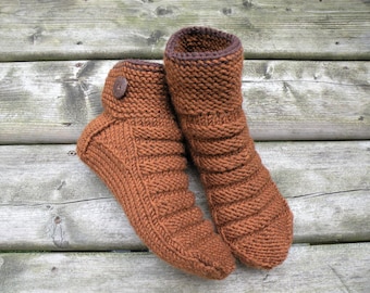 Cozy Wool Blend Mahogany and Brown Chunky Slippers Hand Knitted Short Socks Womens House Winter Wool Slippers Socks, Gift for Her