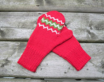 Hand Knit Red Green White Merino Wool Womens Mittens, Winter Gloves Wrist/Hand Warmers, Perfect Christmas Present