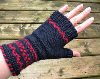 Navy and Red Merino Wool Gloves Womens Hand Knit Texting, Computer, Driving Fingerless Gloves, Wrist Warmers , Half finger Mittens