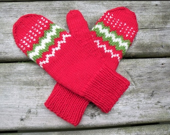 Mitaines pour femmes en laine mérinos rouge vert blanc tricotées à la main, gants d'hiver chauffe-poignets/mains, cadeau de Noël parfait