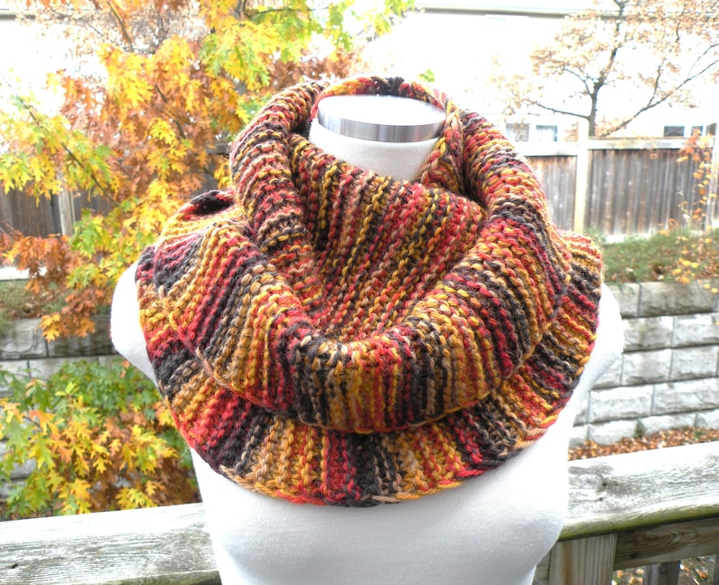 Hand Knit Chunky Wool Infinity Scarf: Red Brown Yellow Cowl - Etsy