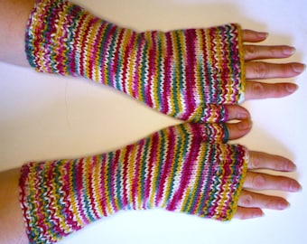 Hand Knit Merino Wool Fingerless Gloves: Colorful Long Arm Wrist Warmers