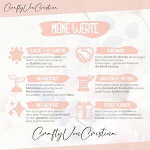 Übersicht der Werte von CraftyVonCristina: Nachhaltigkeit, Qualität, Handarbeit und individuelle Gestaltung jedes Türkranzes.