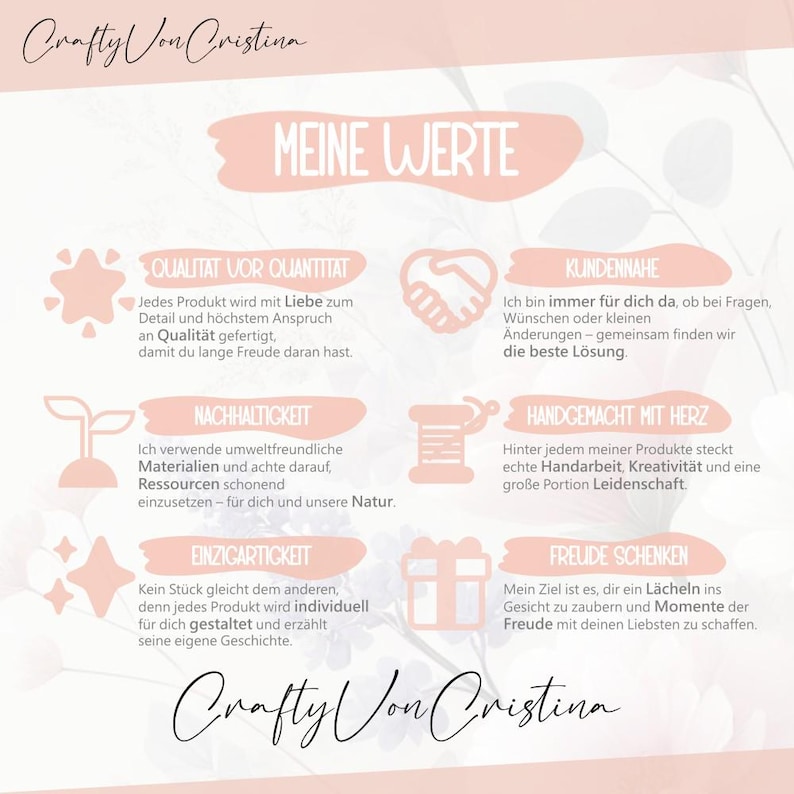Übersicht der Werte von CraftyVonCristina: Nachhaltigkeit, Qualität, Handarbeit und individuelle Gestaltung jedes Türkranzes.