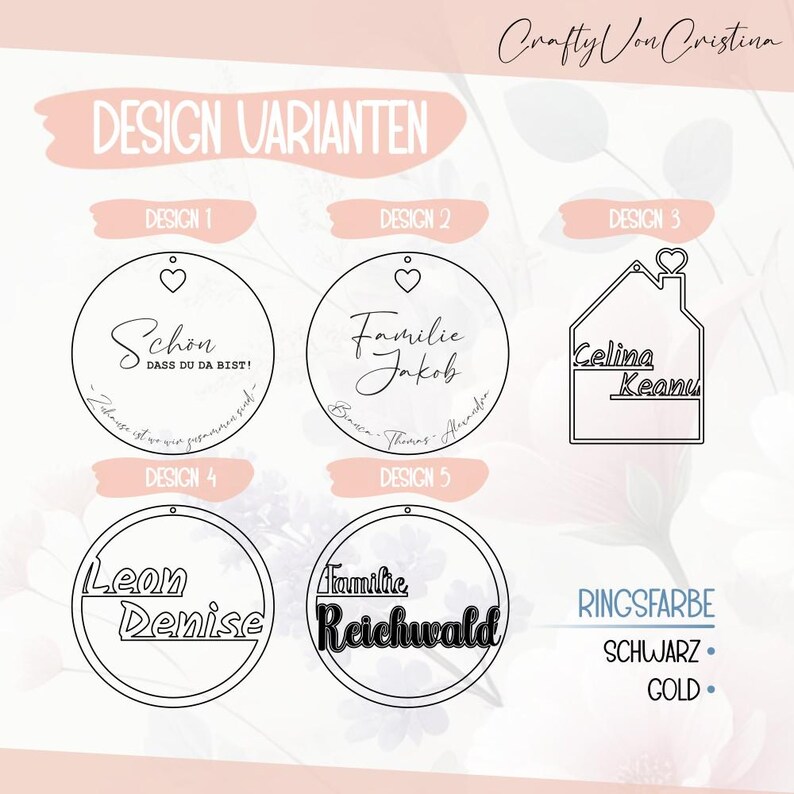 Fünf verschiedene Designvarianten für personalisierte Holzschilder am Türkranz – individuell auswählbar bei CraftyVonCristina.