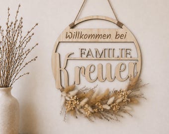 Personalized wooden wreath with names | Family door sign | Boho housewarming gift | Front door decor