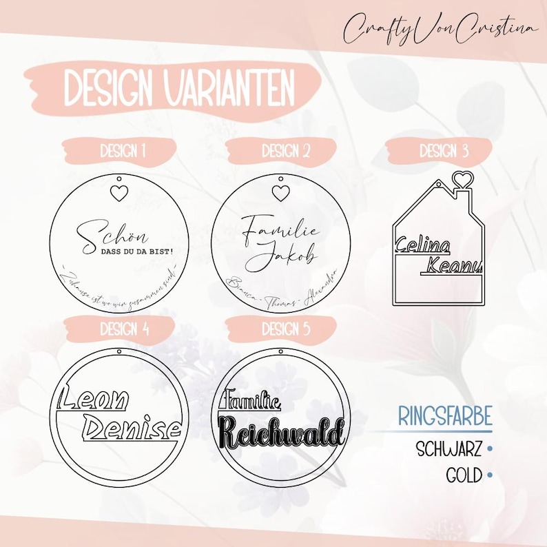 Fünf verschiedene Designvarianten für personalisierte Holzschilder am Türkranz – individuell auswählbar bei CraftyVonCristina.