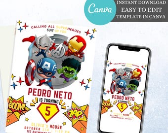 Editable Superheroes Birthday Invitation Template Printable Birthday Party Invitations Spider-Man Iron Man Birthday Invite, Avengers Party