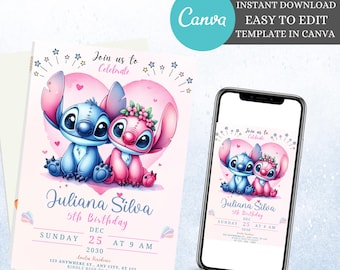 Stitch Bearbeitbare Geburtstagseinladung Druckbare Kindergeburtstag-Party Einladungen Schöne Einladung für den Geburtstag Ihres Kleinen Bearbeitbar
