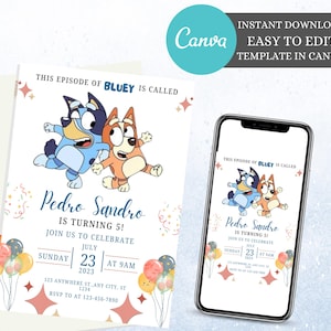 Convite de aniversário para festa Bluey Menina Convite de aniversário Bluey Convite Bluey Digital Convite de aniversário Bluey Modelo de download instantâneo
