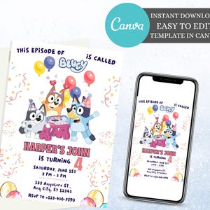 Bluey Birthday Invitation Blue Dog Editable Birthday Invitation Bluey Bingo Birthday Invitation Bluey Party Invite Kids Birthday Invite
