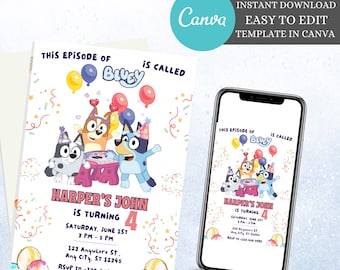 Bluey Birthday Invitation Blue Dog Editable Birthday Invitation Bluey Bingo Birthday Invitation Bluey Party Invite Kids Birthday Invite