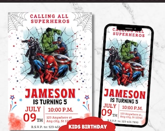 Invitación de cumpleaños de los Vengadores Fiesta infantil de superhéroes Invitación de Spider-Man Evite Spidey Invitación de cumpleaños de Spidey y sus increíbles amigos