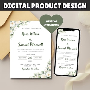 editable Wedding Invitation Set with White Flowers, White Floral Invites, CREAMY flowers Wedding Invitation , White Roses and Greenery,