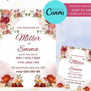 Minimalist Boho Wedding Invitation Template, Floral Beige wedding Invitation template, Floral Wedding Invite Suite,  Orange Rose Elegant,
