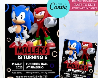 Sjabloon voor bewerkbare Sonic-verjaardagsuitnodiging, afdrukbare verjaardagsuitnodigingen, Super Hedgehog Boys-feestuitnodiging, geweldig Sonic-feest,