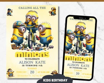 Editable Yellow Birthday Invitation Kids Birthday Invite Minimalist Kids Birthday Invitation Minion Themed Editable Minion Invitation
