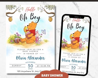 Invitación para BABY SHOWER de Winnie the Pooh Invitación editable para baby shower de Winnie the Pooh Invitación Oh Boy Pooh Invitación azul de Winnie the Pooh