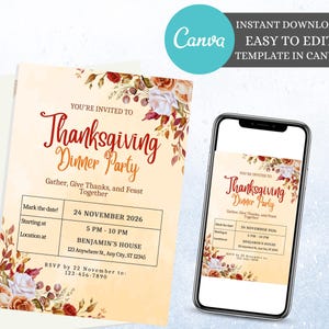 Digital Thanksgiving Dinner Einladung Bearbeitbar 2025 Erntedank einladen Danksagungs-Einladung bearbeitbare Vorlage Erntedank