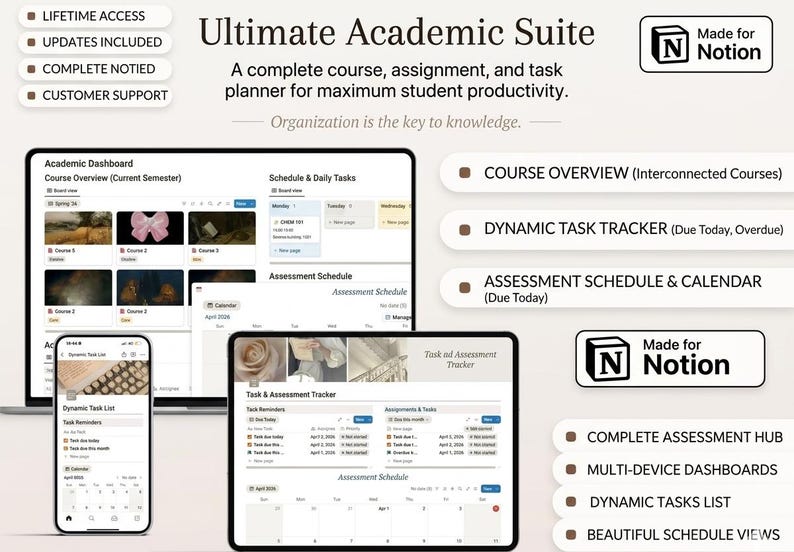 May include: An advertisement for the Ultimate Academic Suite, a course and task planner. The image shows a laptop, tablet, and phone displaying the software interface. Features include course overview, task tracker, and assessment schedule.