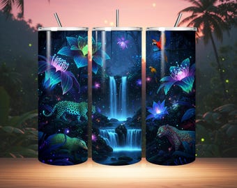 Envoltorio para vaso con cascada de jungla de neón, animales brillantes, diseño de fantasía (PNG digital)