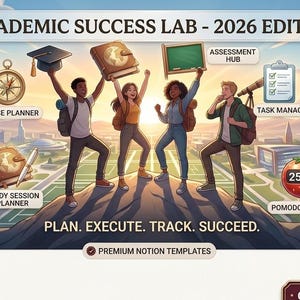 May include: An illustration promoting the "Academic Success Lab - 2026 Edition." Four diverse students stand atop a hill, holding up items like a graduation cap, book, and chalkboard. The image includes text such as "Course Planner" and "Pomodoro Timer."
