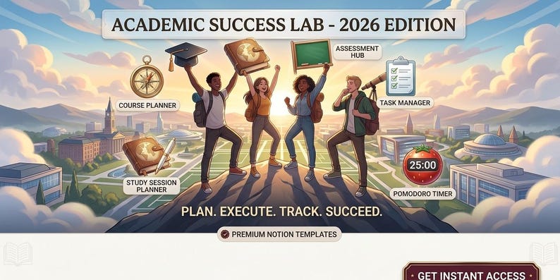 May include: An illustration promoting the "Academic Success Lab - 2026 Edition." Four diverse students stand atop a hill, holding up items like a graduation cap, book, and chalkboard. The image includes text such as "Course Planner" and "Pomodoro Timer."