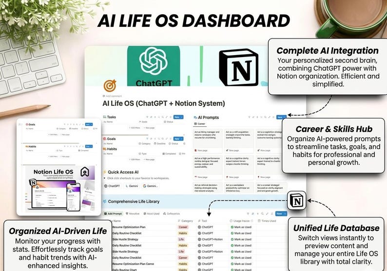 May include: An AI Life OS dashboard digital template featuring ChatGPT and Notion integration. The interface displays sections for tasks, goals, habits, AI prompts, and a comprehensive life library. Text includes AI LIFE OS DASHBOARD, AI Life OS (ChatGPT + Notion System), Complete AI Integration, Career & Skills Hub, Organized AI-Driven Life, and Unified Life Database.