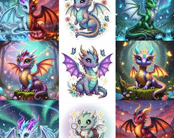 Paquete de pegatinas de dragón bebé kawaii, calcomanías de fantasía (descarga digital)