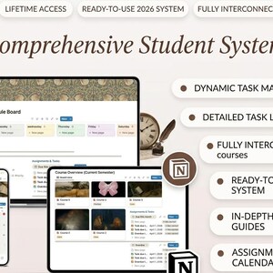 May include: A digital student system interface displayed on a laptop, tablet, and smartphone. The interface includes a task manager, detailed task lists, and assignment calendar. Text includes "Comprehensive Student System" and "Ready-to-Use 2026 System."