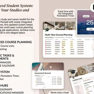 May include: A digital study and career toolkit with the text "The Enhanced Student System: Streamline Your Studies and Excel." Features include multi-year course planning, a Pomodoro timer, and career hubs. The interface is displayed on a digital device.