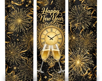 Vaso delgado de Año Nuevo de 20 oz con sublimación PNG / Fuegos artificiales de oro negro / Reloj de champán de medianoche / Descarga digital instantánea