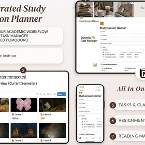 May include: Digital study planner interface on a tablet, phone, and computer. The planner includes a dynamic task manager, course overview, and integrated Pomodoro timer. The interface displays tasks, class notes, assignments, exams, and reading materials.
