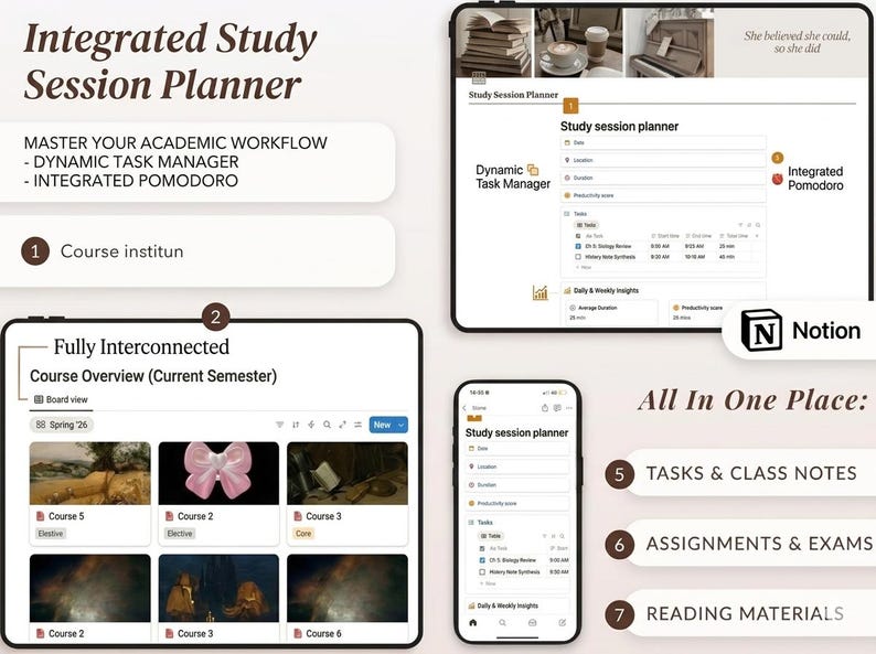 May include: Digital study planner interface on a tablet, phone, and computer. The planner includes a dynamic task manager, course overview, and integrated Pomodoro timer. The interface displays tasks, class notes, assignments, exams, and reading materials.