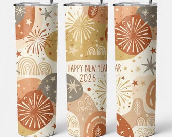 Envoltura para vaso delgado de 20 oz "Feliz Año Nuevo 2026" (sublimación PNG, fuegos artificiales neutros bohemios, envoltura para vaso, descarga digital instantánea)