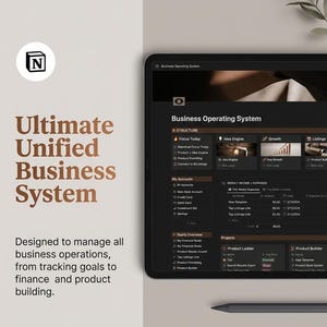 Könnte beinhalten: Ein digitales Tablet mit einer "Business Operating System"-Oberfläche. Der Bildschirm zeigt Abschnitte zur Verwaltung von Geschäftsvorgängen, einschließlich Finanzen und Produktentwicklung. Der Text "Ultimate Unified Business System" ist auf der linken Seite sichtbar.