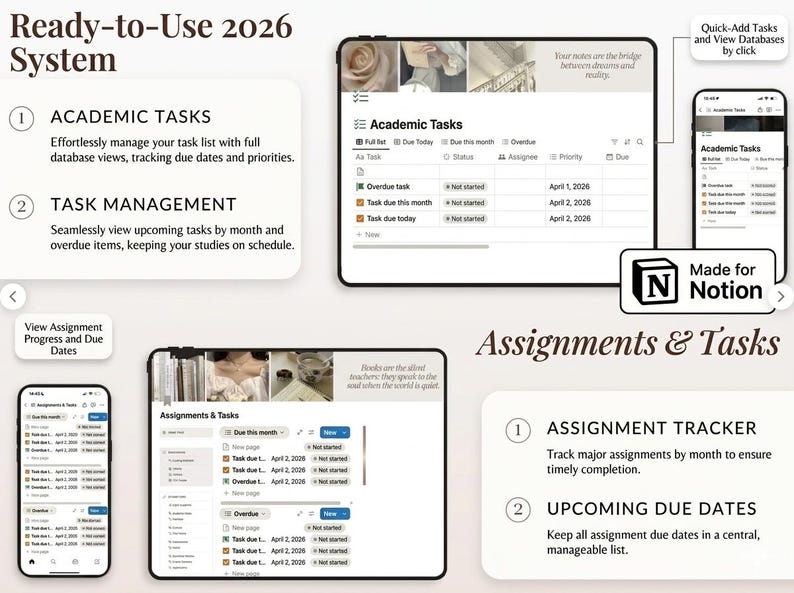 May include: A digital planner interface with the text "Ready-to-Use 2026 System." The interface displays academic tasks, assignment tracking, and upcoming due dates. The design includes a tablet and smartphone view, with the "Made for Notion" logo.